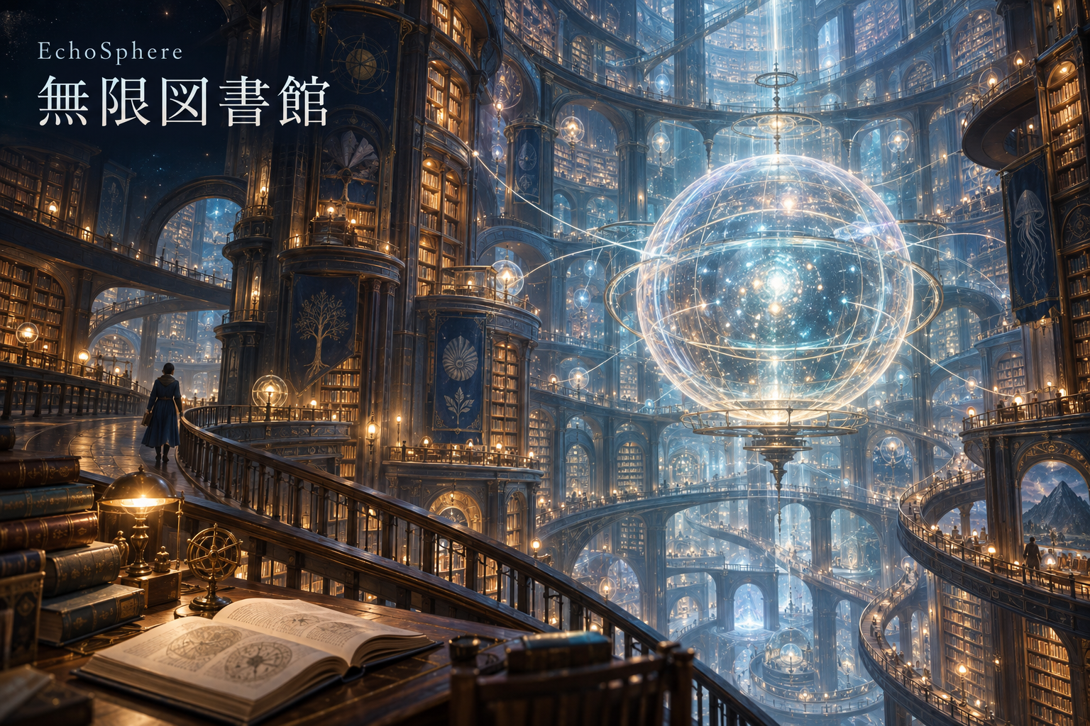 EchoSphere 無限図書館。幾層にも続く書棚と空中回廊、その中央に光り輝く天球が浮かぶ幻想的な図書館。